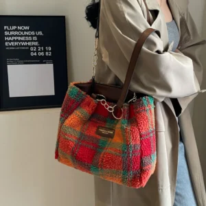 bolso de felpa a cuadros rojo, bolso de mano de terciopelo de cordero para otoño e invierno, bolso de hombro a cuadros a la moda, bolso de mano de gran capacidad