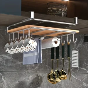 estante de almacenamiento de cocina colgante de acero inoxidable, con ganchos, soporte para papel de cocina y utensilios, tabla de cortar, 1 ud.