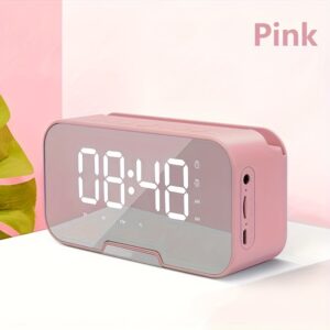 altavoz portátil compacto rosa, radio fm, espejo led lcd, micrófono sin varillas, conexión inalámbrica, carga usb, audio de alta calidad, tarjeta tf, volumen y brillo ajustables. adecuado para pascua, regalos de cumpleaños, mini altavoz despertador sin varillas